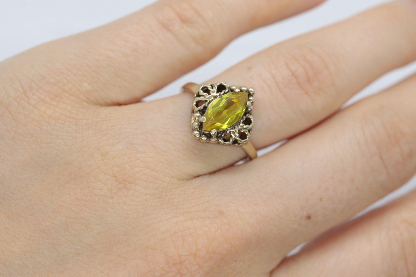 10k Citrine Marquise filigree set Ring. Citrine cocktail statement ring.