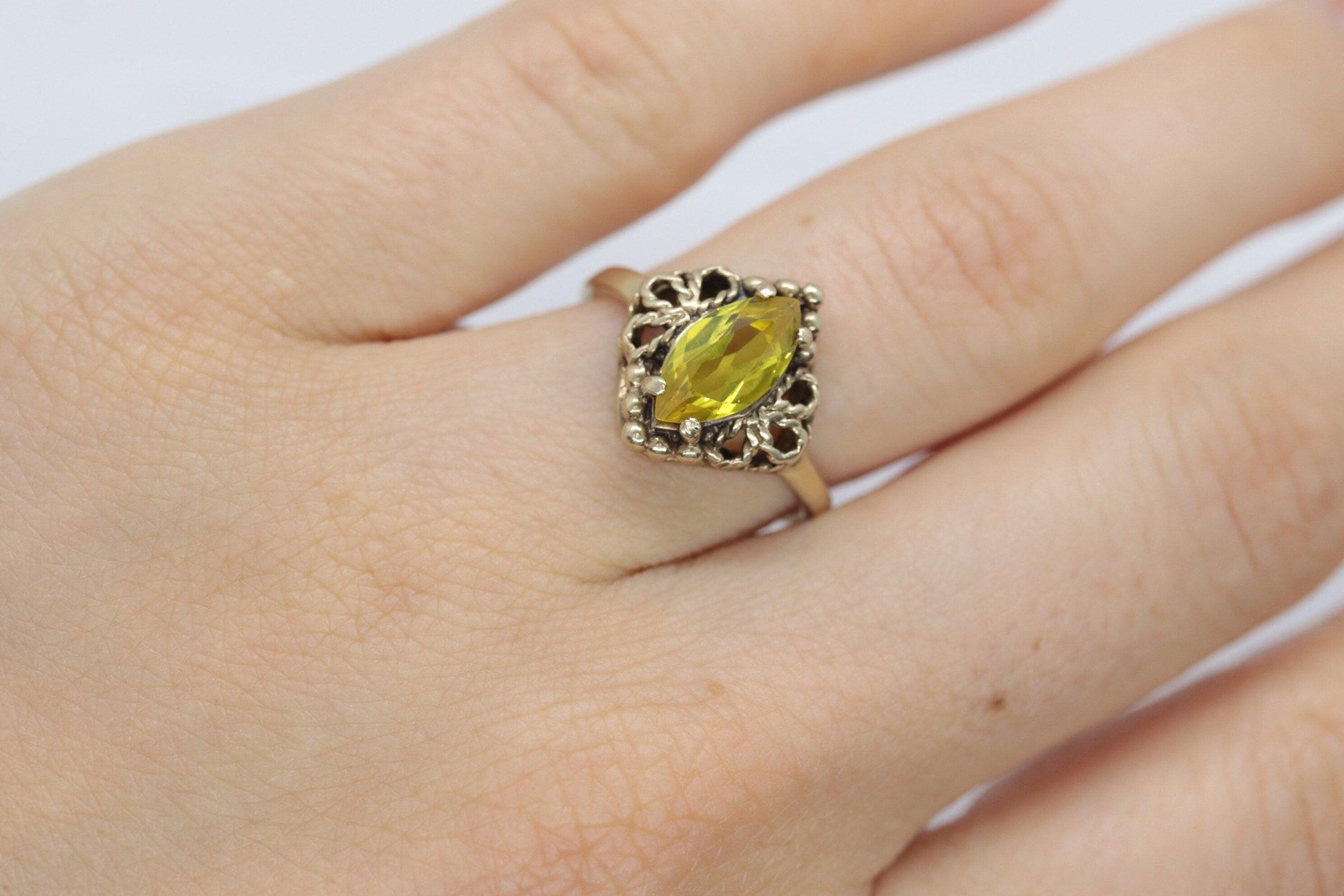 10k Citrine Marquise filigree set Ring. Citrine cocktail statement ring.