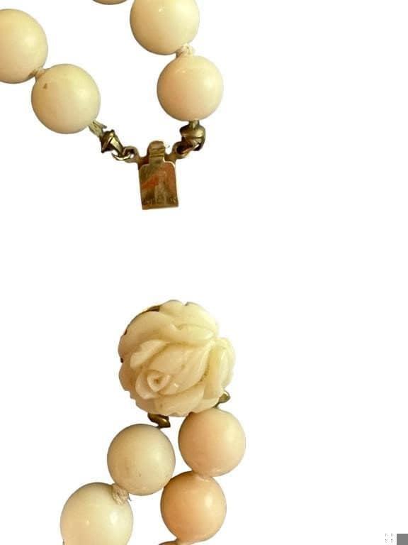 14k Coral Carved Angel Skin Salmon Bead Necklace. Two Strand Peach White Coral