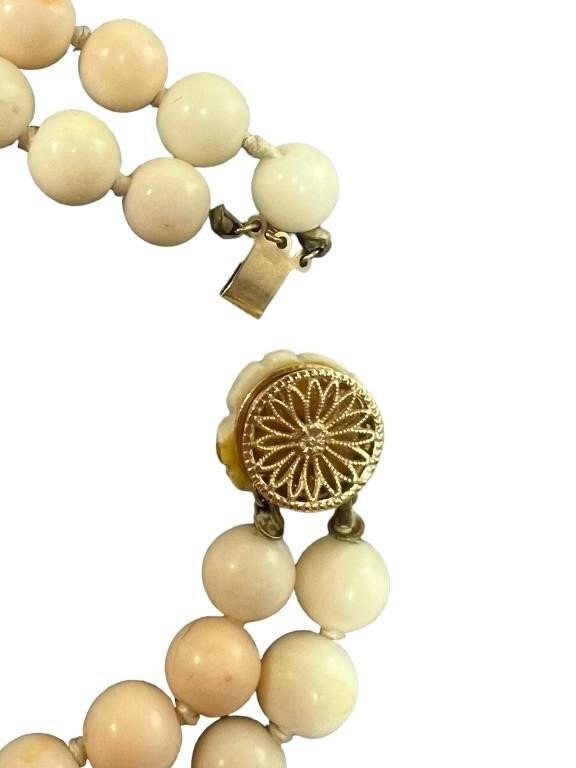 14k Coral Carved Angel Skin Salmon Bead Necklace. Two Strand Peach White Coral