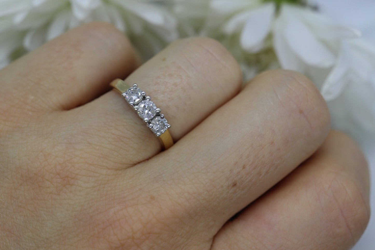14k Diamond trio ring. 3 stone Diamond .58tctws Ring. Trio Trilogy ring.