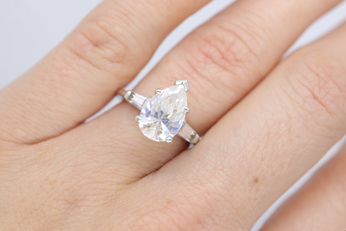 14k Gold LARGE White Topaz Pear cut engagement ring. Baguette and Pear Solitaire