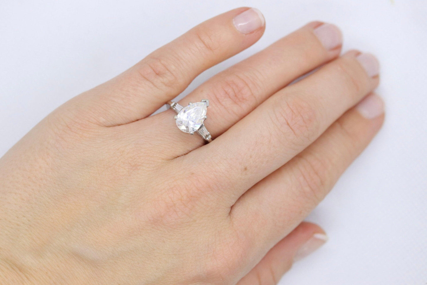 14k Gold LARGE White Topaz Pear cut engagement ring. Baguette and Pear Solitaire
