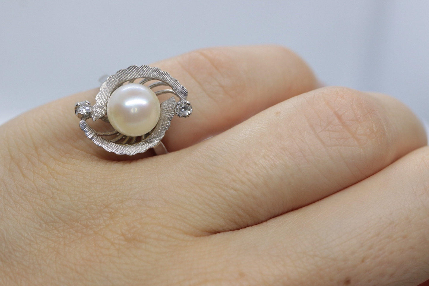 14k Pearl (8mm) and Diamond Solitaire ring. 14k White gold Filigree ring Akoya