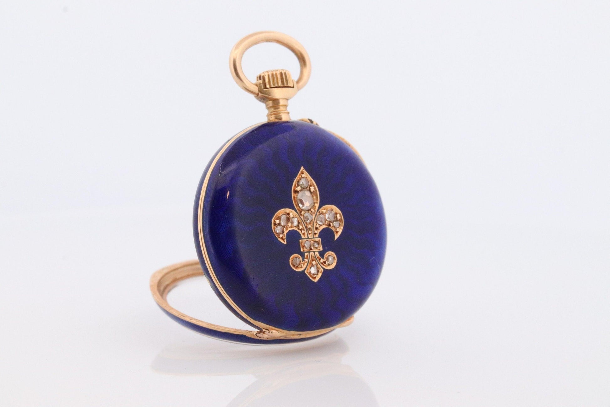 18k Gold Pocket Watch. Antique Blue enamel rose cut diamonds. Fleur de Lis WORKS