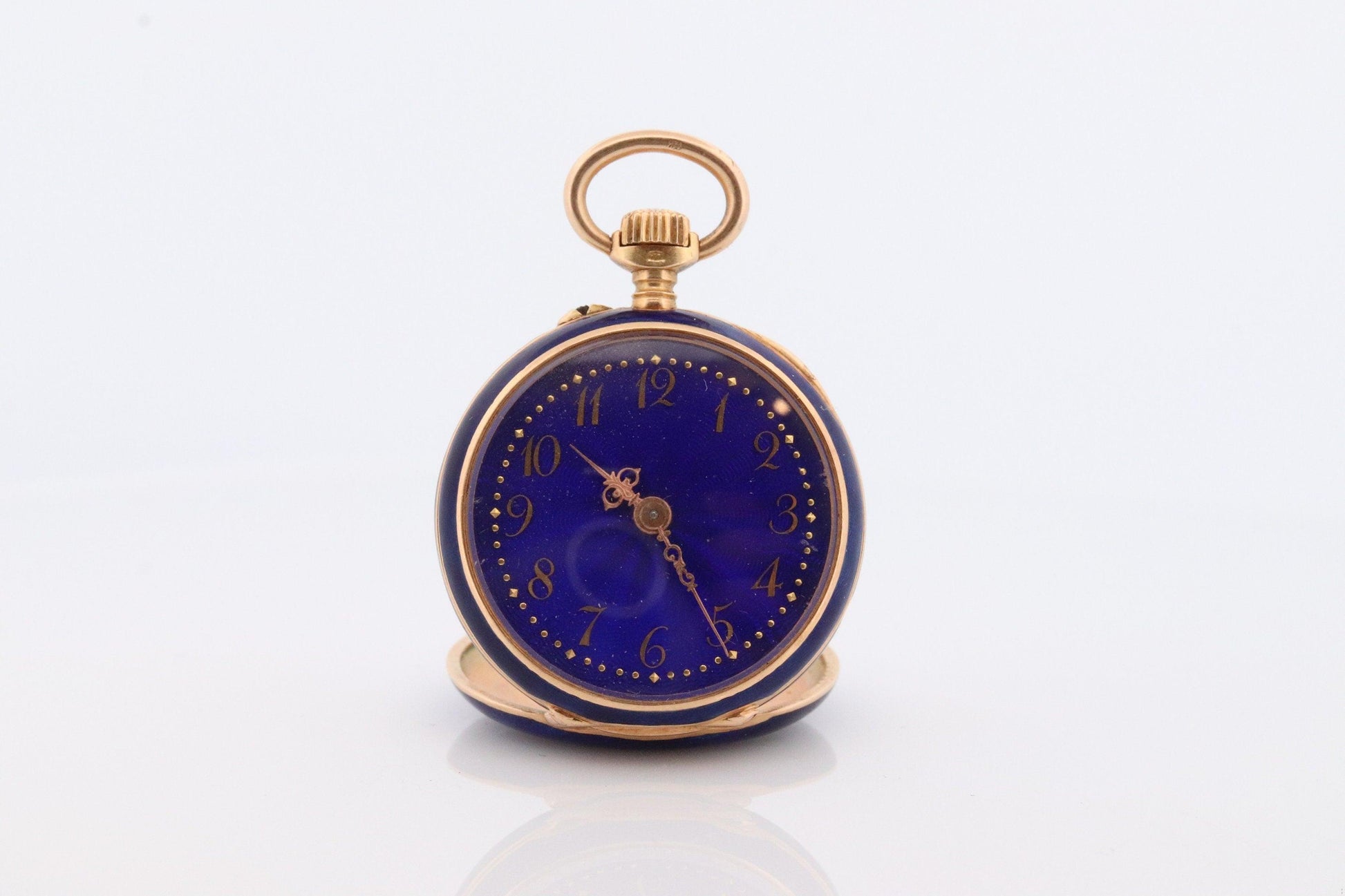 18k Gold Pocket Watch. Antique Blue enamel rose cut diamonds. Fleur de Lis WORKS