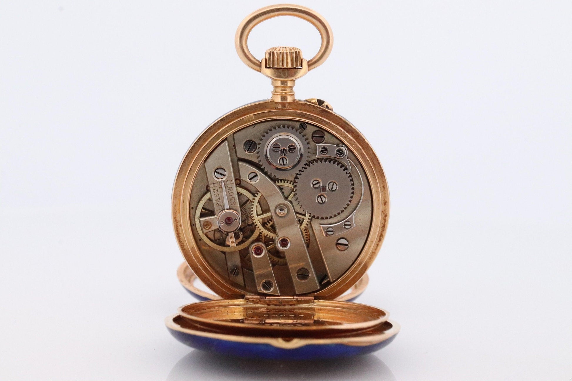 18k Gold Pocket Watch. Antique Blue enamel rose cut diamonds. Fleur de Lis WORKS
