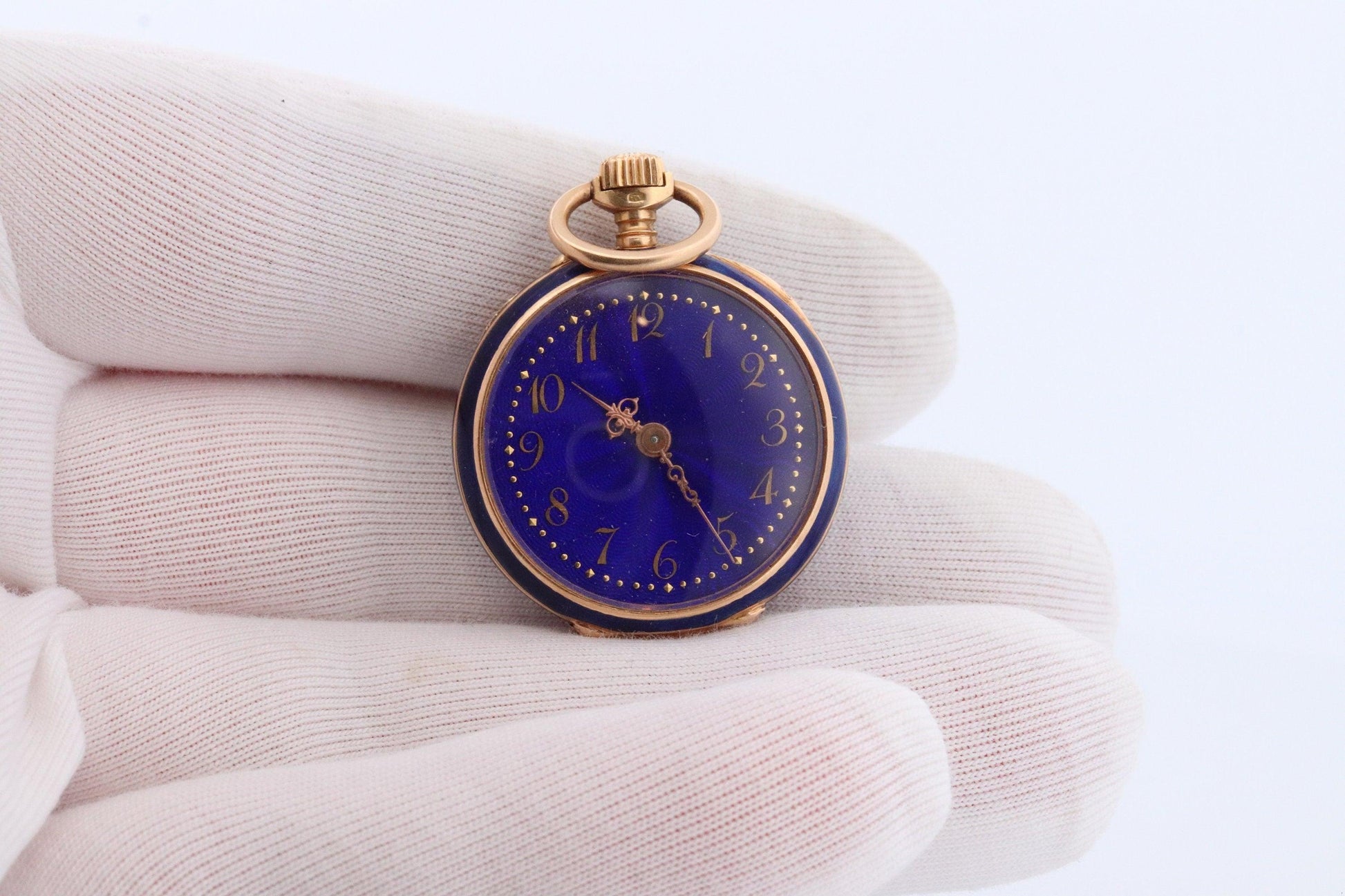 18k Gold Pocket Watch. Antique Blue enamel rose cut diamonds. Fleur de Lis WORKS