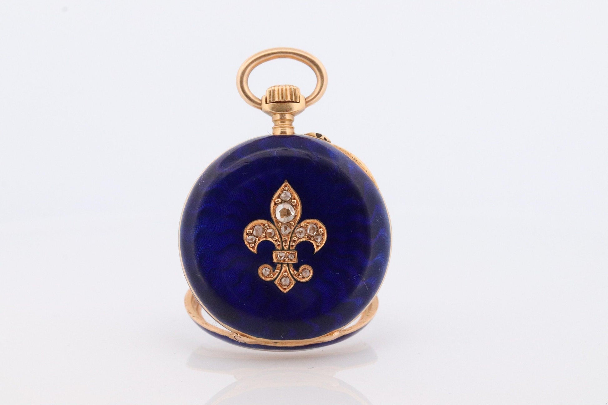 18k Gold Pocket Watch. Antique Blue enamel rose cut diamonds. Fleur de Lis WORKS