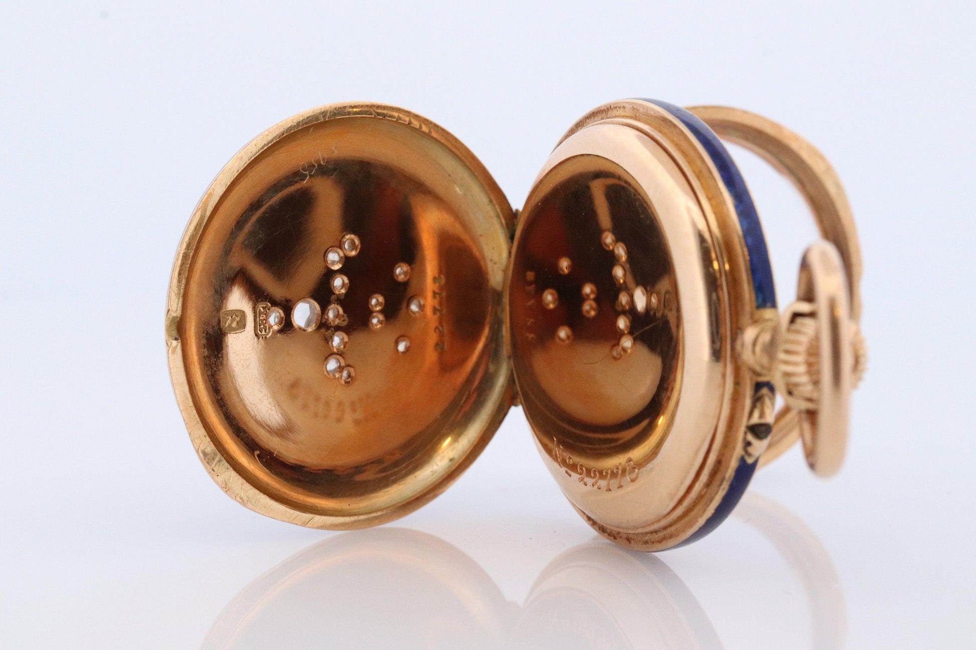 18k Gold Pocket Watch. Antique Blue enamel rose cut diamonds. Fleur de Lis WORKS