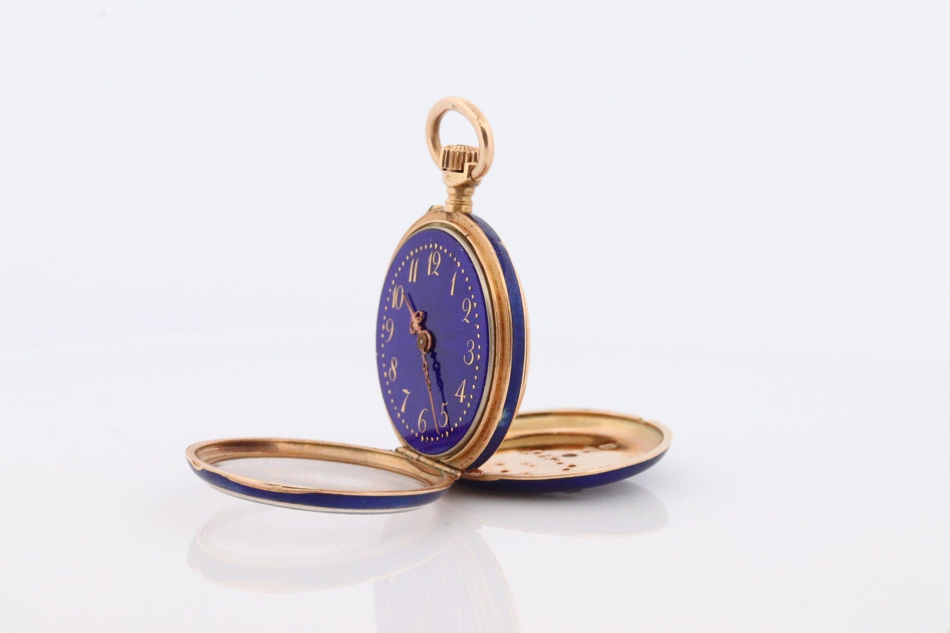 18k Gold Pocket Watch. Antique Blue enamel rose cut diamonds. Fleur de Lis WORKS