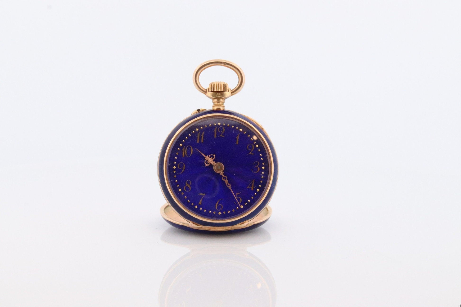 18k Gold Pocket Watch. Antique Blue enamel rose cut diamonds. Fleur de Lis WORKS