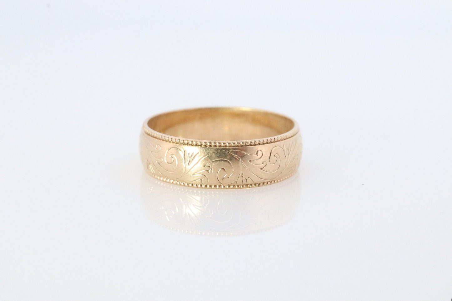 9k Wide Band. 9k / 10k Wide Floral engraved band. Made in London UK England 1994