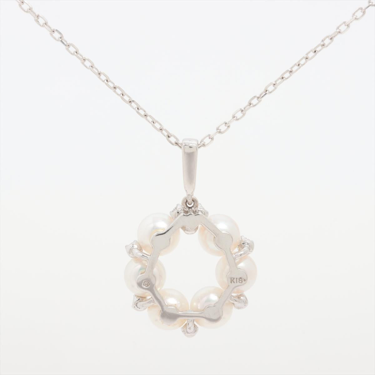 Mikimoto Pendant. Vintage 18k White Gold Mikimoto Pearl Diamond Necklace wreath