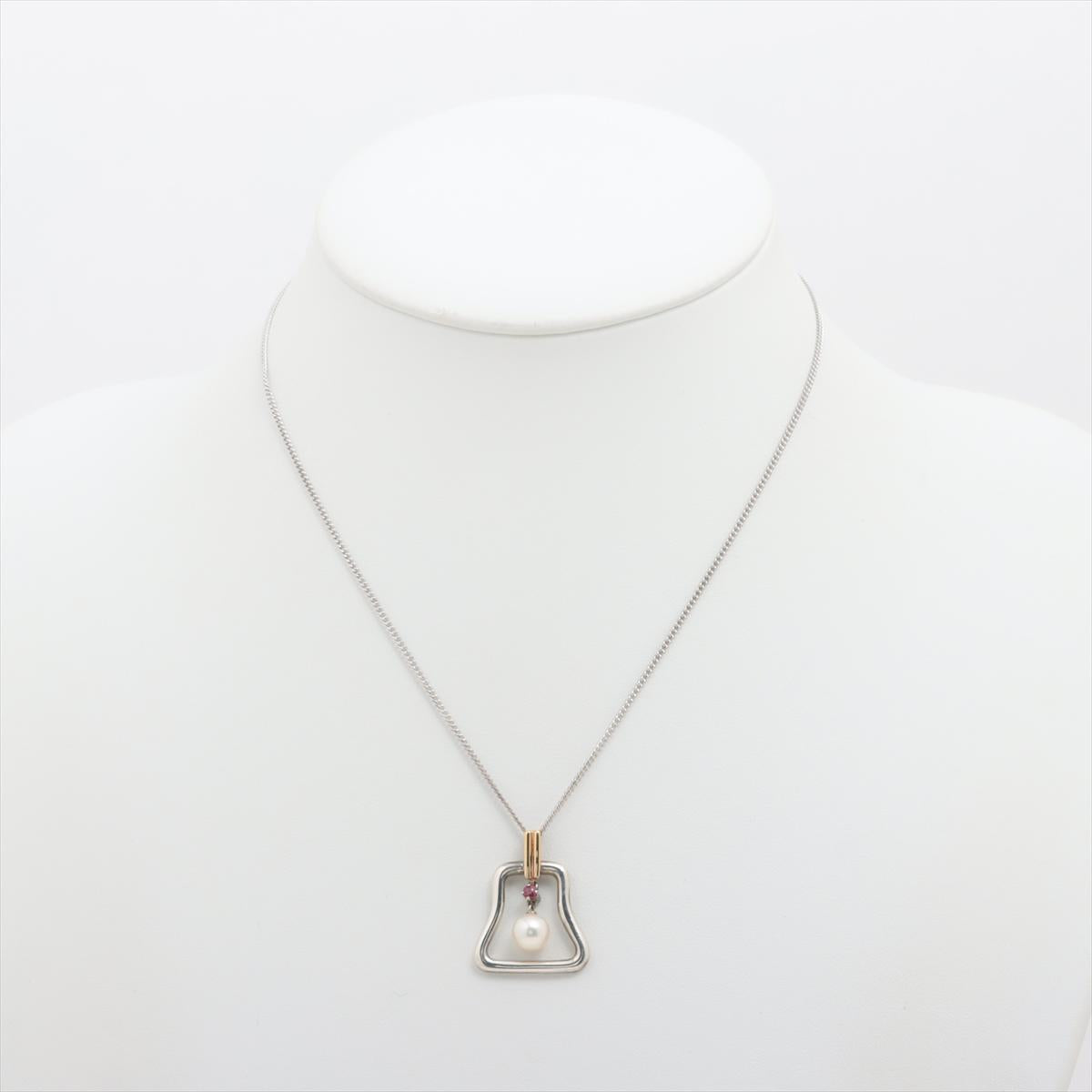 Mikimoto Pendant Sterling Silver and 18k Gold Mikimoto Ruby Pearl Necklace