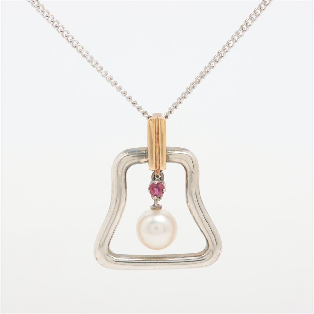 Mikimoto Pendant Sterling Silver and 18k Gold Mikimoto Ruby Pearl Necklace