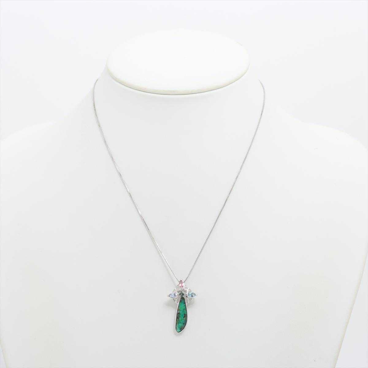 Boulder Opal Sapphire Pendant. 18k White Gold Opal Diamond Sapphire Necklace.