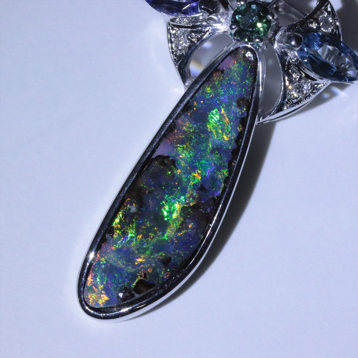 Boulder Opal Sapphire Pendant. 18k White Gold Opal Diamond Sapphire Necklace.