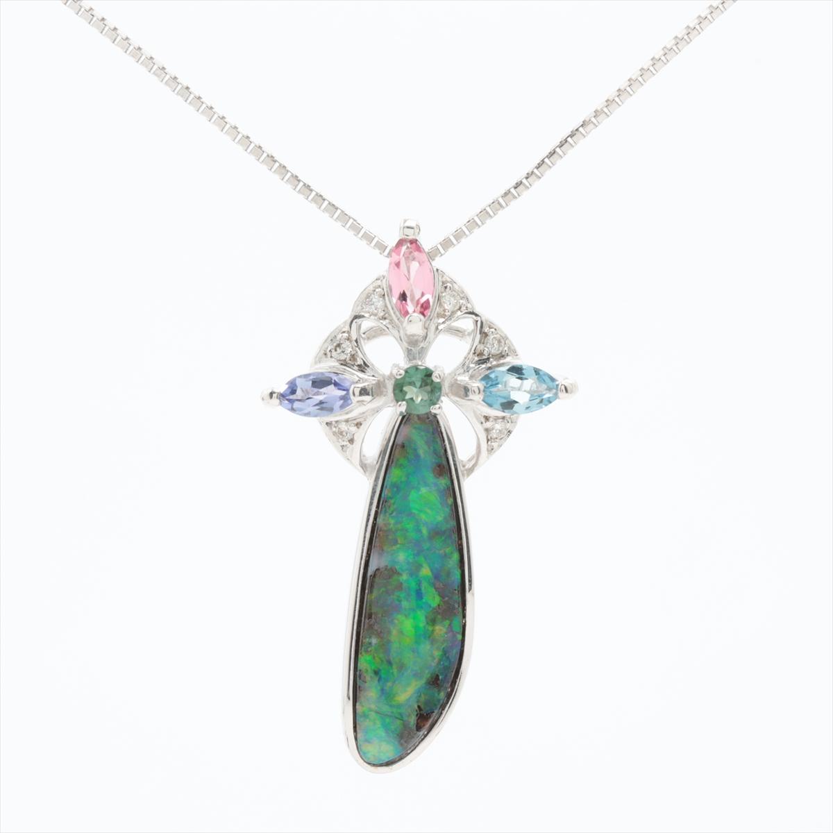 Boulder Opal Sapphire Pendant. 18k White Gold Opal Diamond Sapphire Necklace.