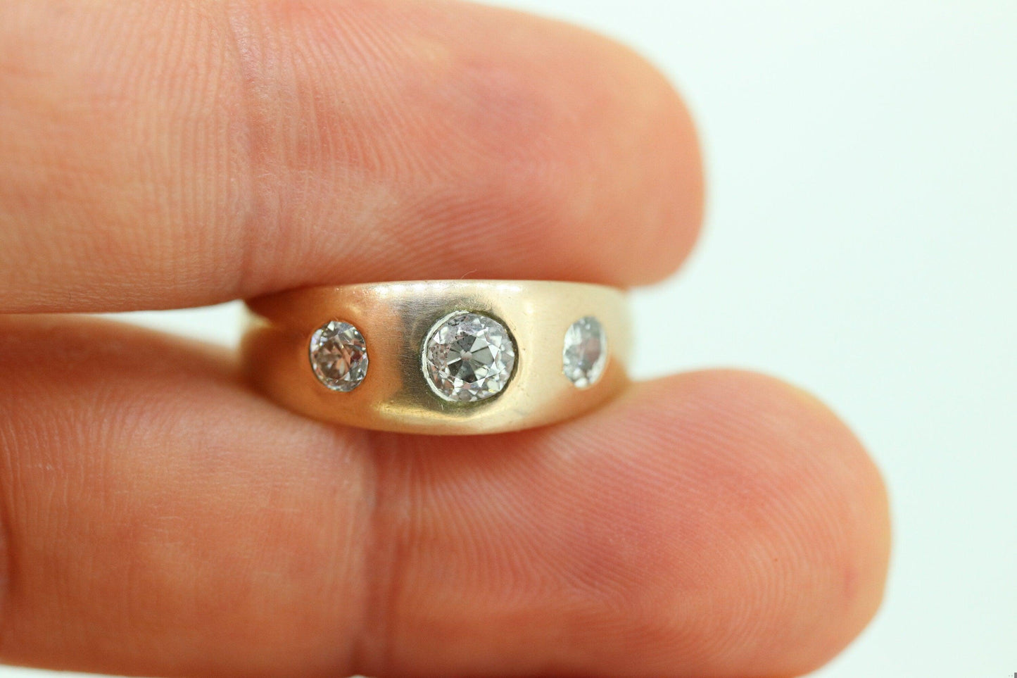 Antique 14k Triple Diamond signet ring. Gypsy Diamond bezel set into Signet band