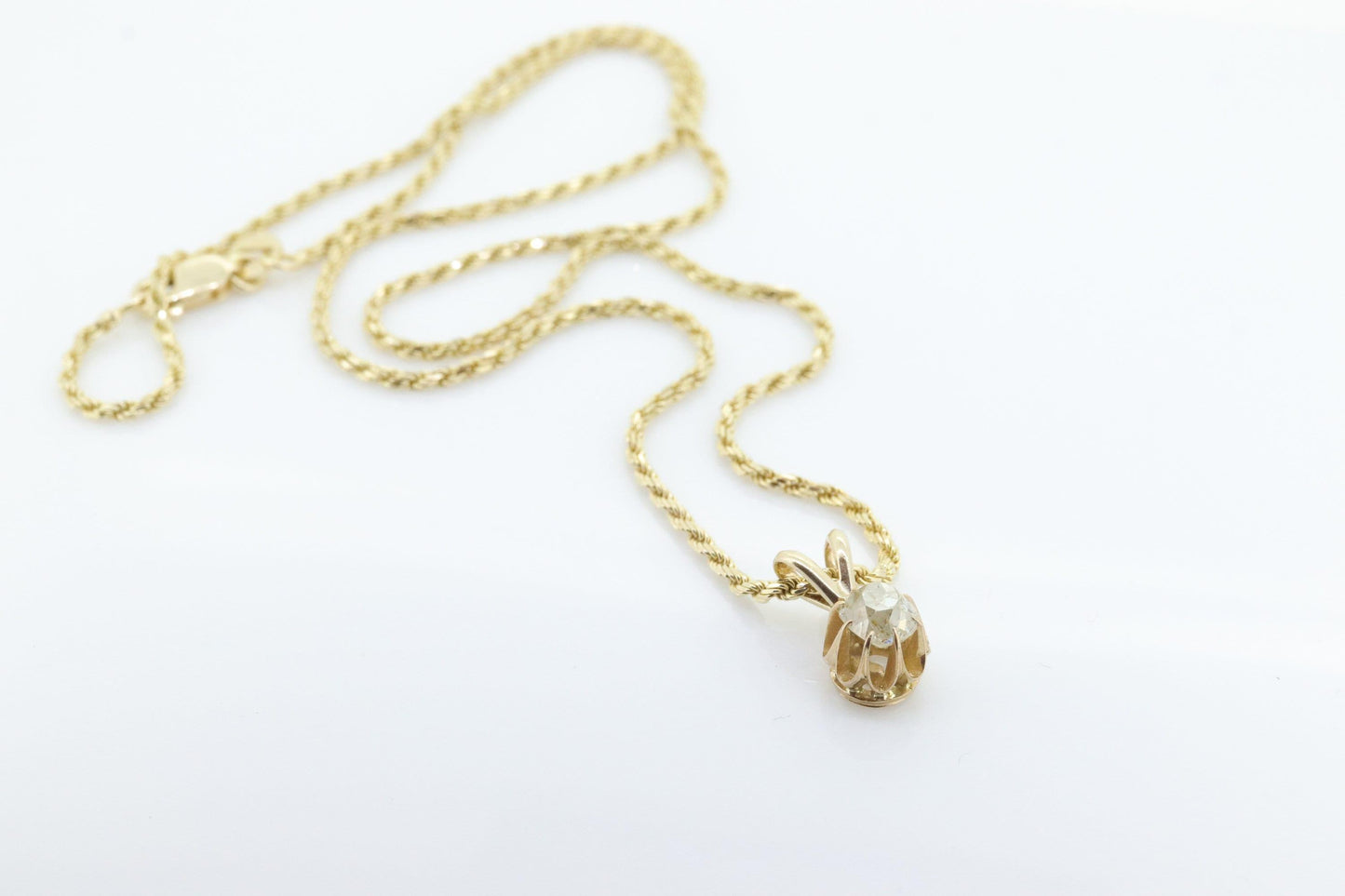 Antique Diamond solitaire pendant Buttercup setting. 14k Gold OLD Mine Diamond