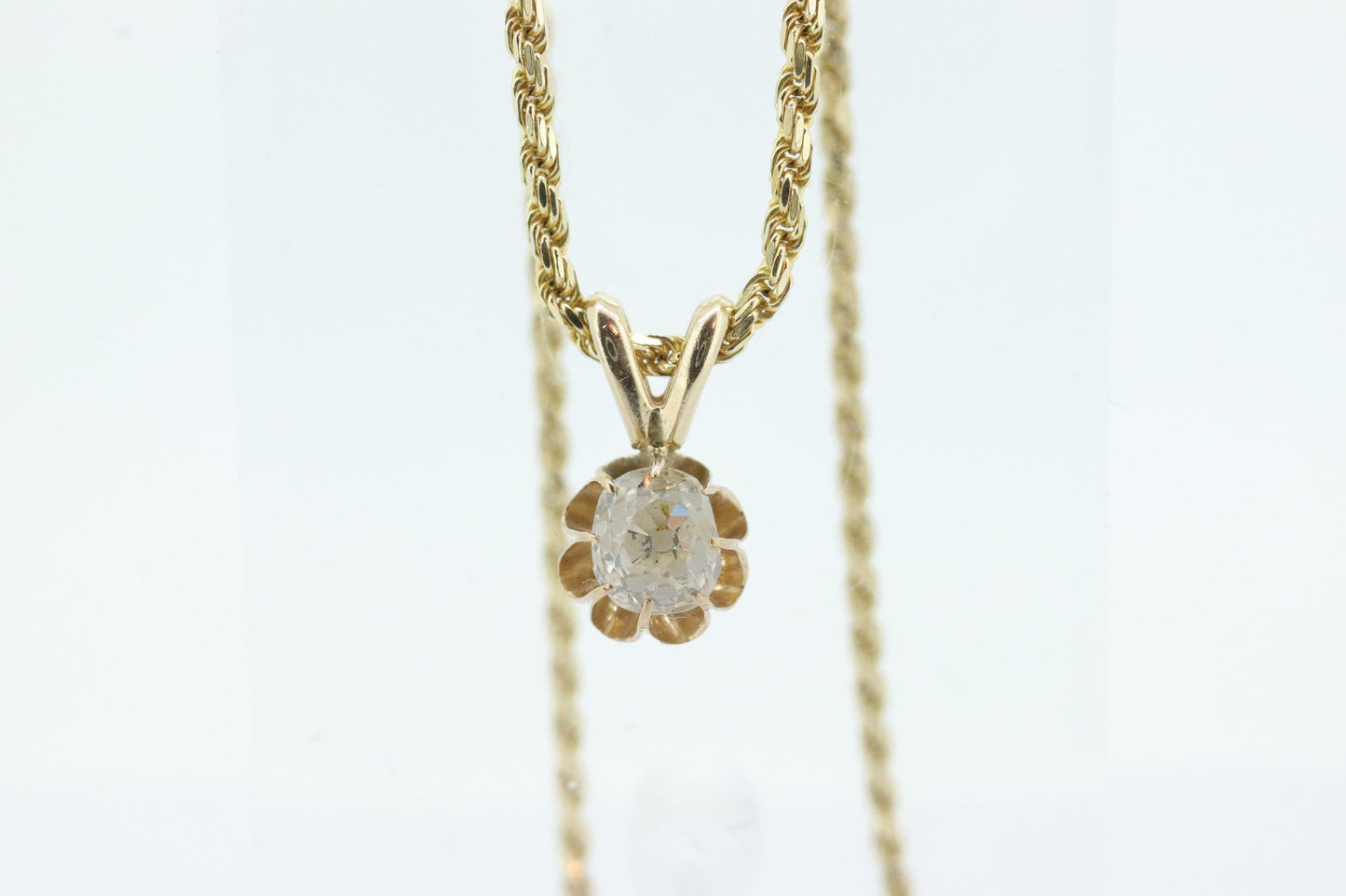 Antique Diamond solitaire pendant Buttercup setting. 14k Gold OLD Mine Diamond