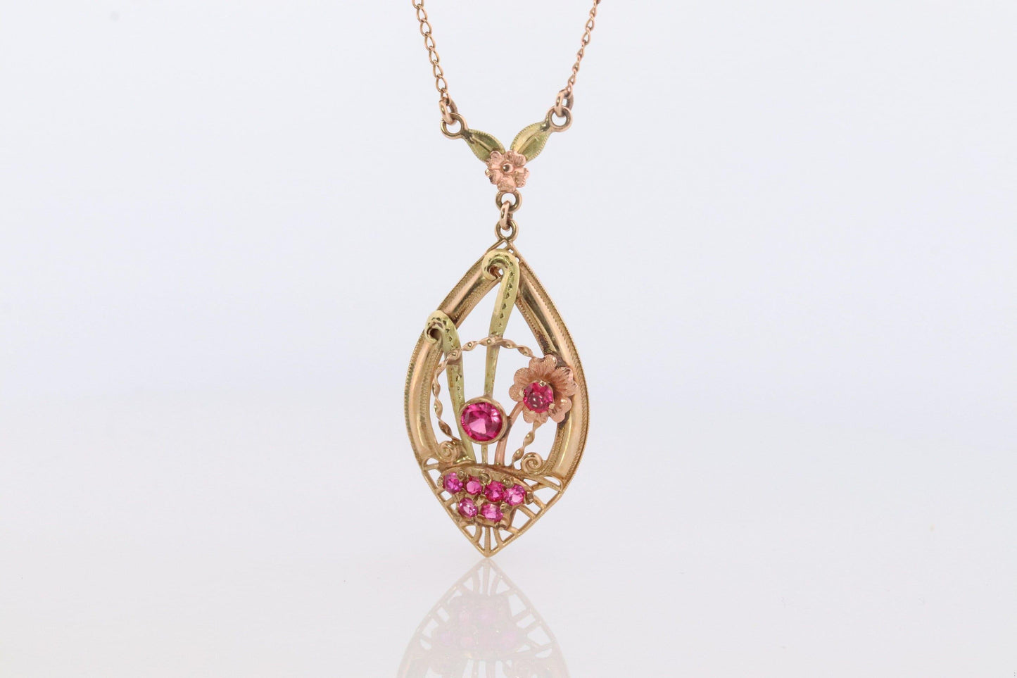Antique Victorian Lavaliere Pendant Necklace. 10k Rose and Yellow Gold with Rubi