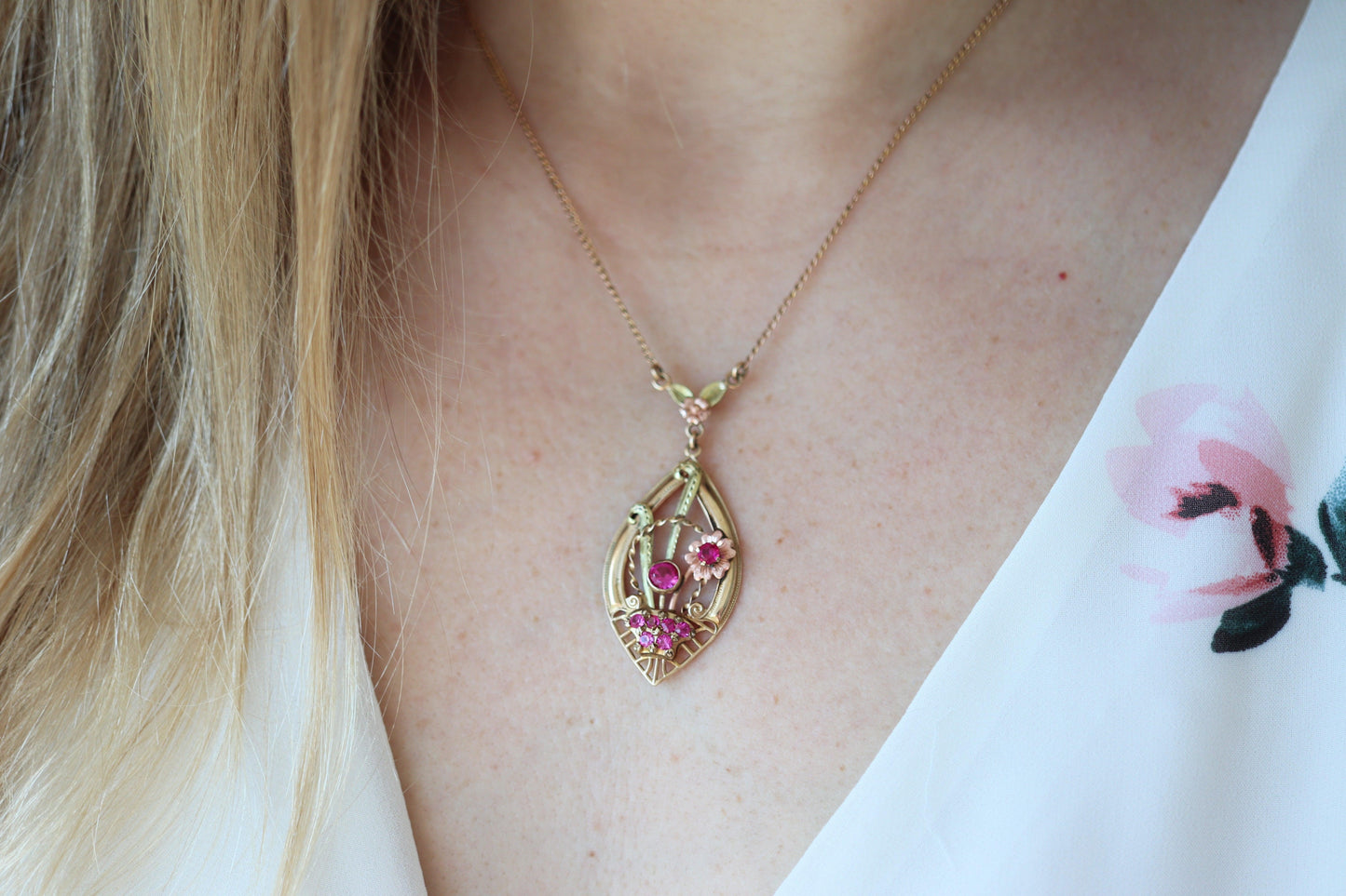 Antique Victorian Lavaliere Pendant Necklace. 10k Rose and Yellow Gold with Rubi