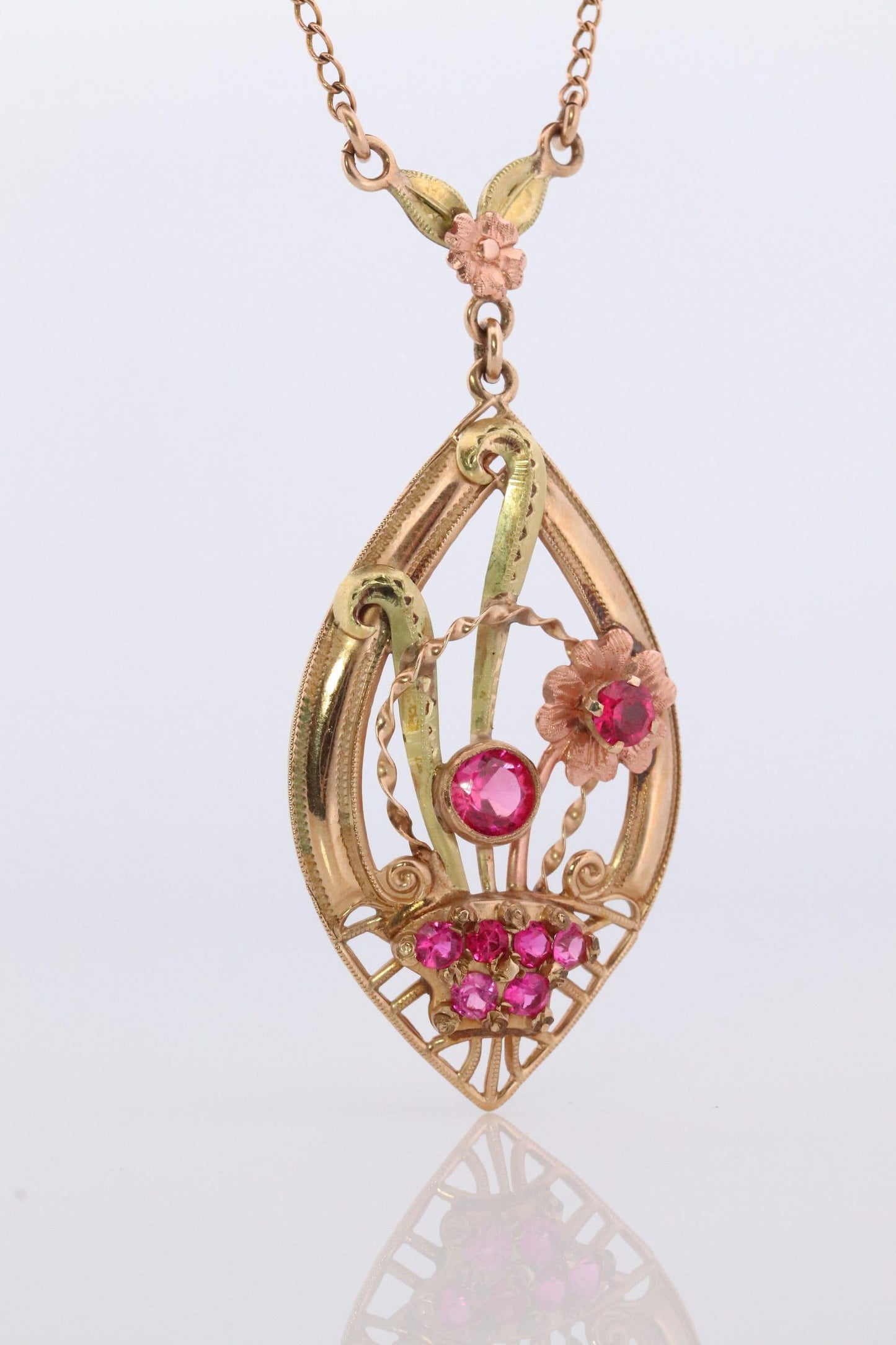 Antique Victorian Lavaliere Pendant Necklace. 10k Rose and Yellow Gold with Rubi