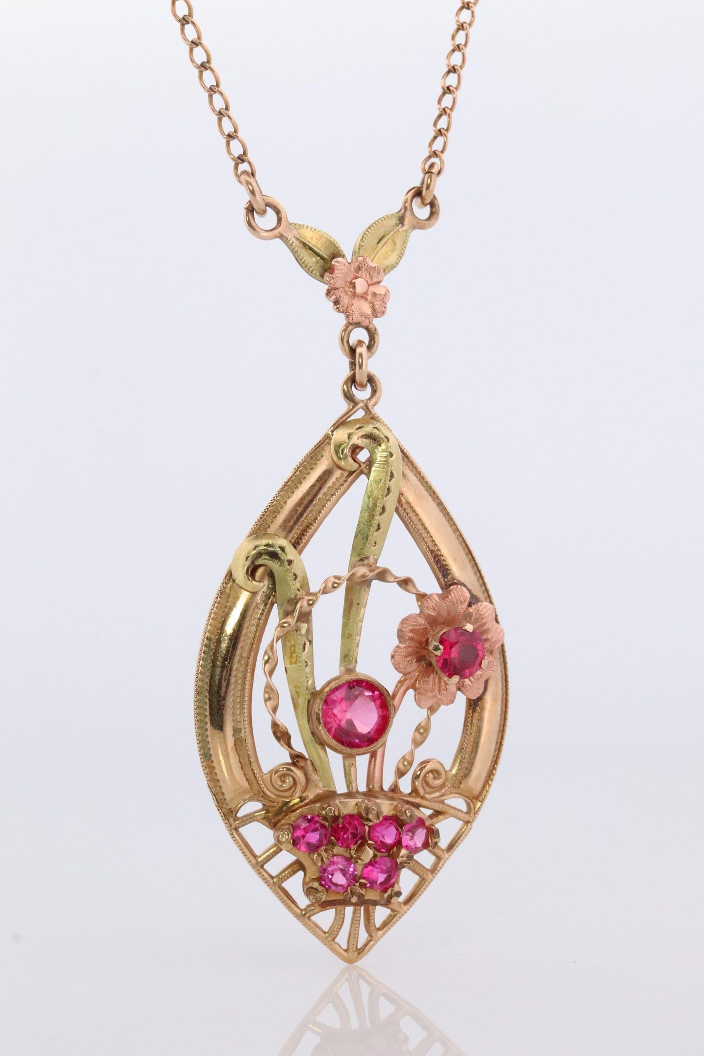 Antique Victorian Lavaliere Pendant Necklace. 10k Rose and Yellow Gold with Rubi