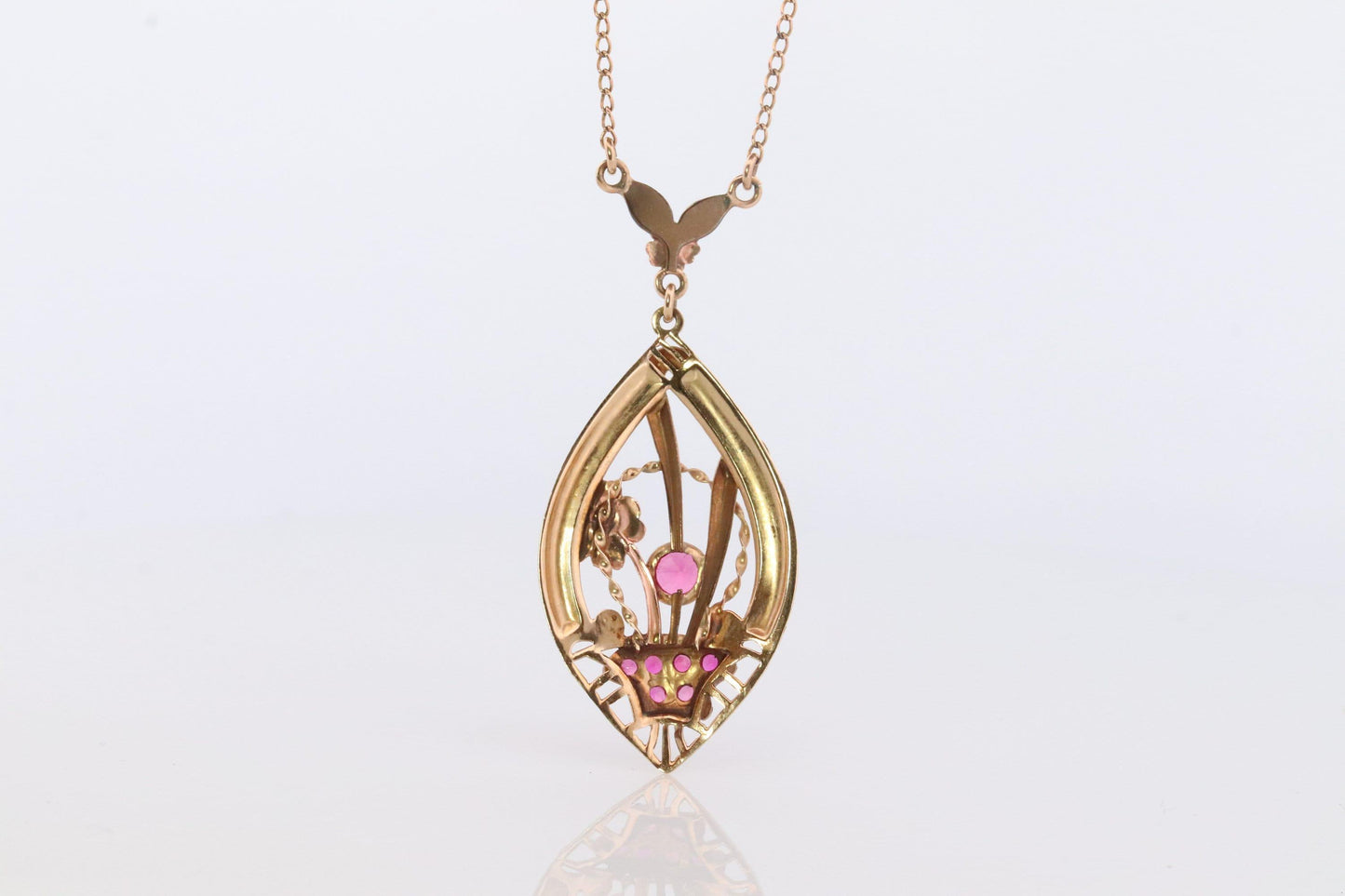 Antique Victorian Lavaliere Pendant Necklace. 10k Rose and Yellow Gold with Rubi