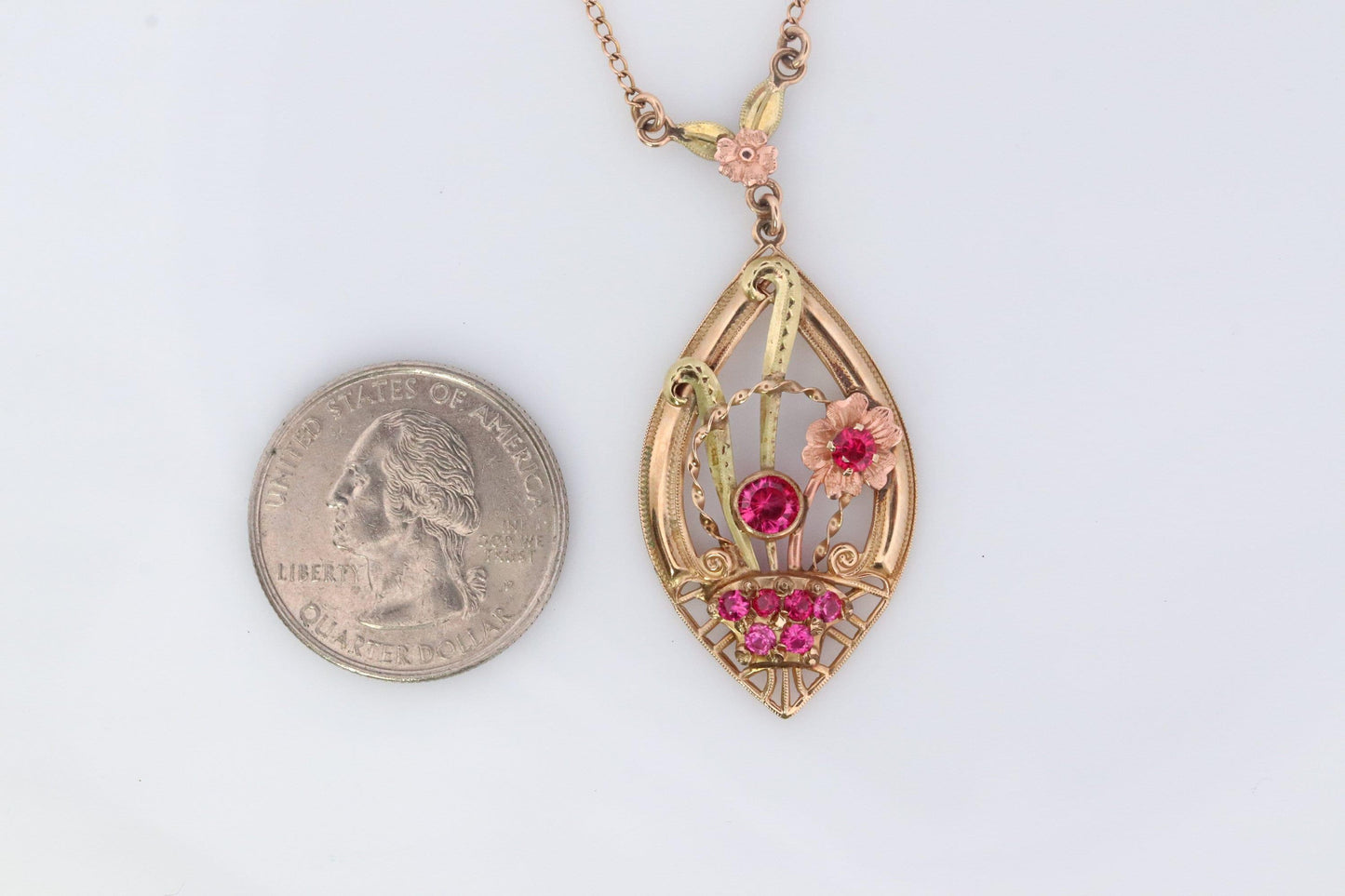 Antique Victorian Lavaliere Pendant Necklace. 10k Rose and Yellow Gold with Rubi