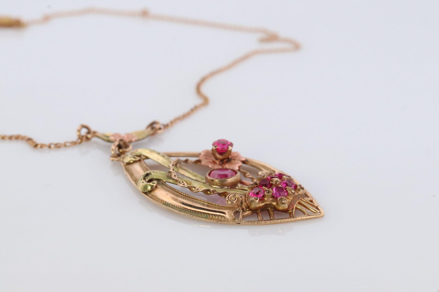 Antique Victorian Lavaliere Pendant Necklace. 10k Rose and Yellow Gold with Rubi