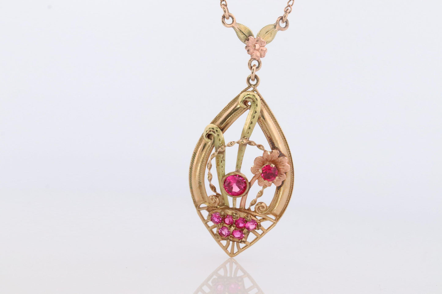 Antique Victorian Lavaliere Pendant Necklace. 10k Rose and Yellow Gold with Rubi