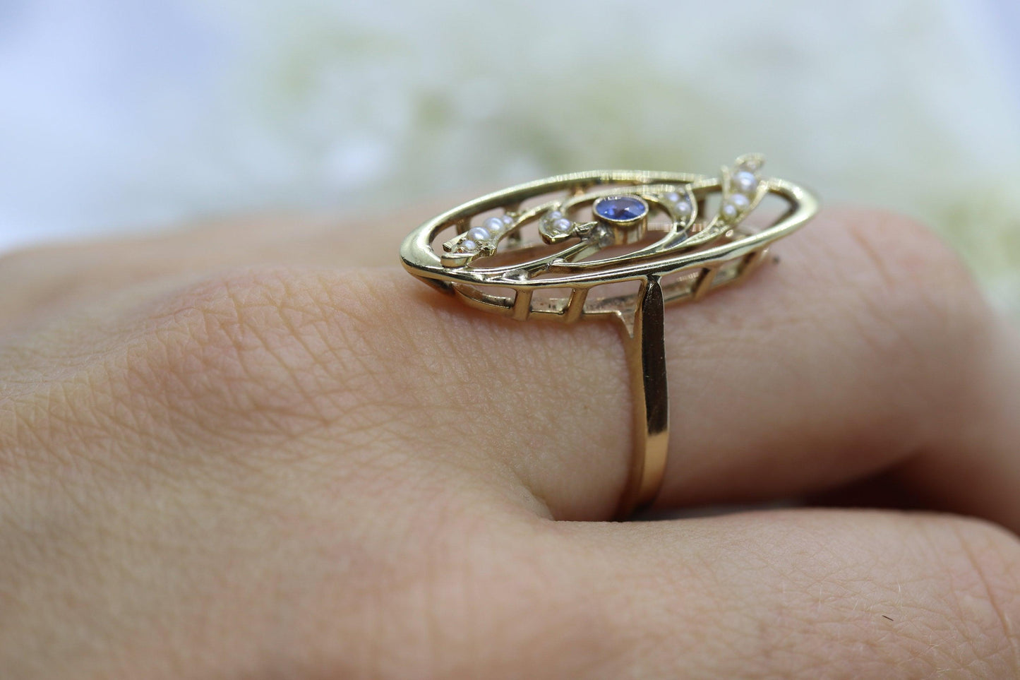 14k Antique shield ring. Sapphire pearl seed. Gold Filigree Open scroll ring.