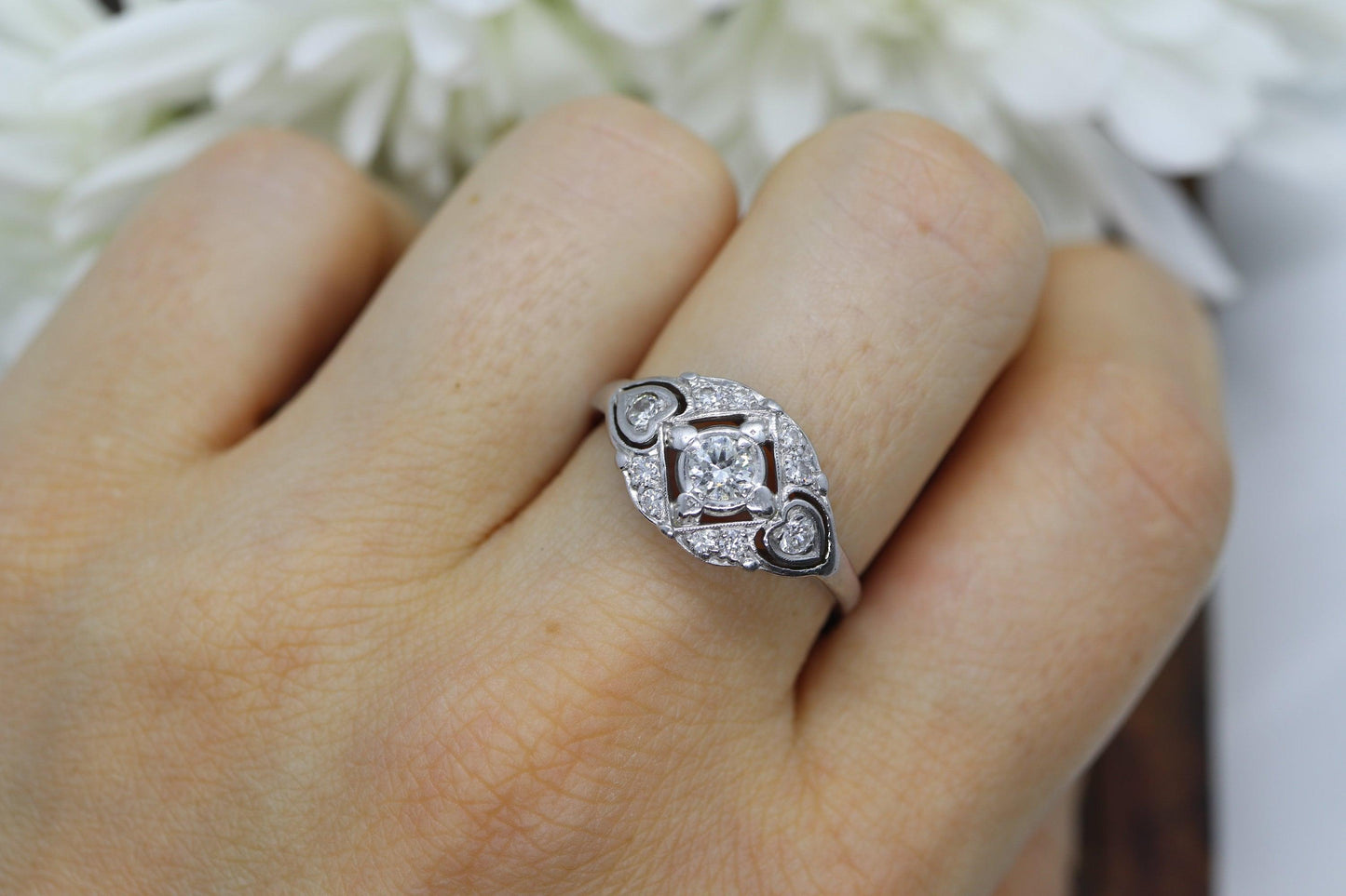 14k Art Deco Shield ring 14k white gold with diamonds and filigree open design.