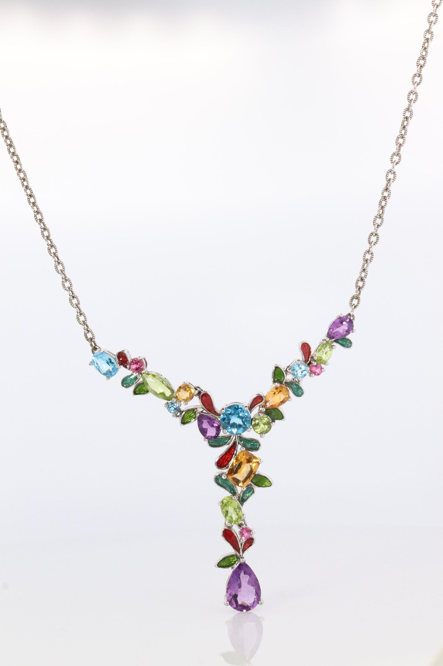 Multi Gem Layered Necklace. Multi-Color Gem Sterling Silver Cocktail Necklace.