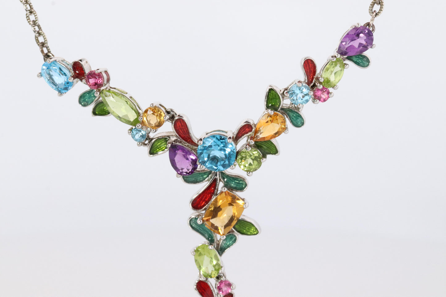 Multi Gem Layered Necklace. Multi-Color Gem Sterling Silver Cocktail Necklace.