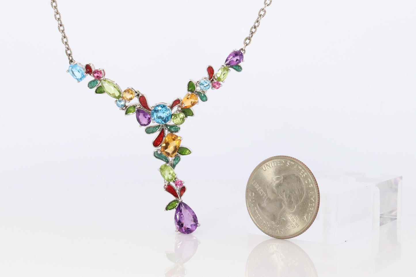 Multi Gem Layered Necklace. Multi-Color Gem Sterling Silver Cocktail Necklace.