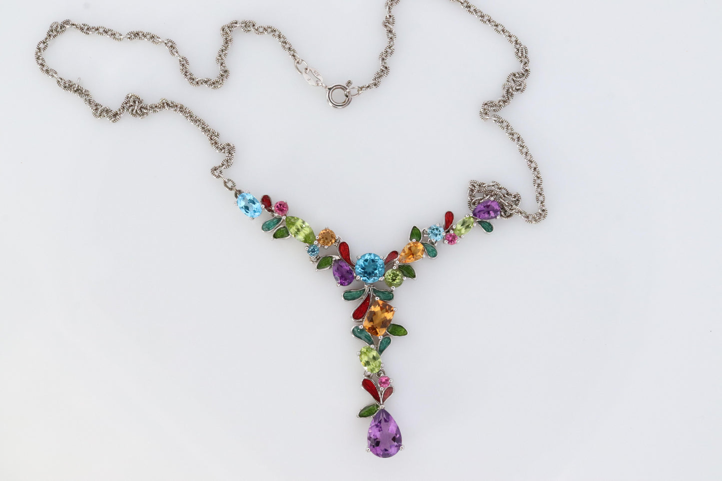 Multi Gem Layered Necklace. Multi-Color Gem Sterling Silver Cocktail Necklace.