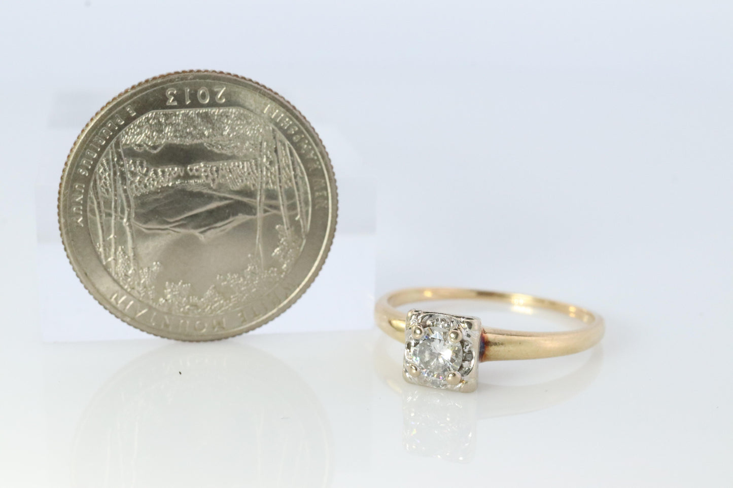 Art Deco Diamond Solitaire Square setting Ring. 14k Yellow Gold Engagement Ring.