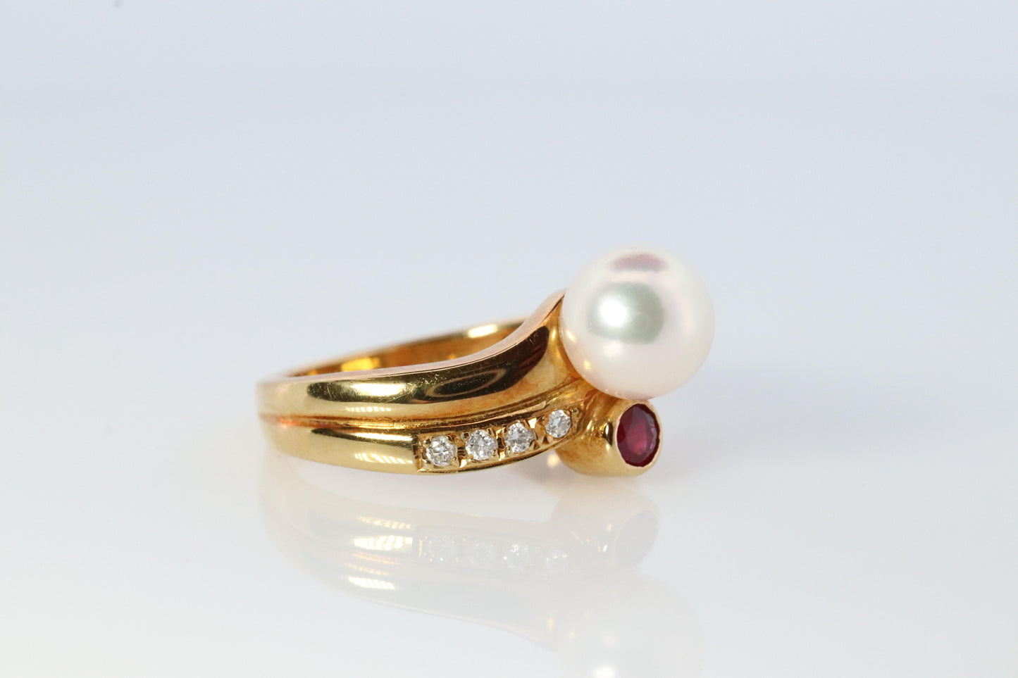 Mikimoto Ring. Vintage 18k Gold Mikimoto Pearl Diamond Ruby layered band.