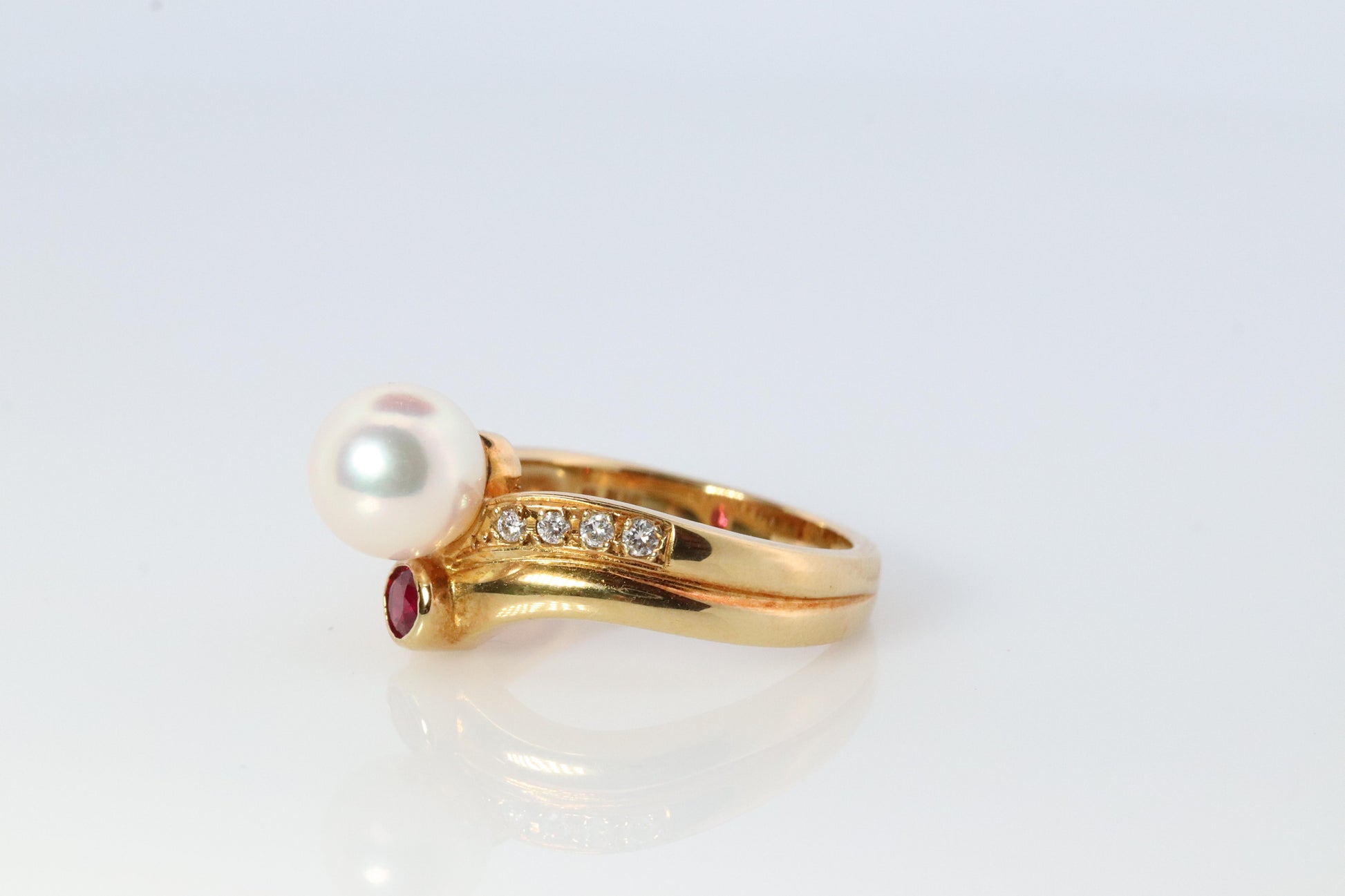 Mikimoto Ring. Vintage 18k Gold Mikimoto Pearl Diamond Ruby layered band.