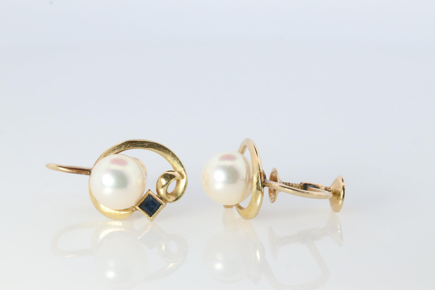 Mikimoto Earrings. 14k Gold Mikimoto Pearl and Sapphire Clip Ons. Unpierced