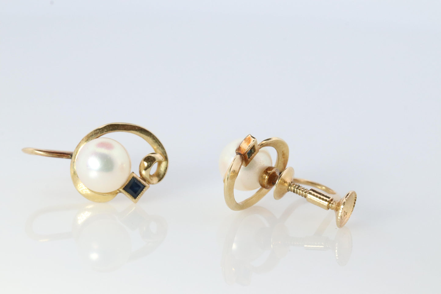 Mikimoto Earrings. 14k Gold Mikimoto Pearl and Sapphire Clip Ons. Unpierced