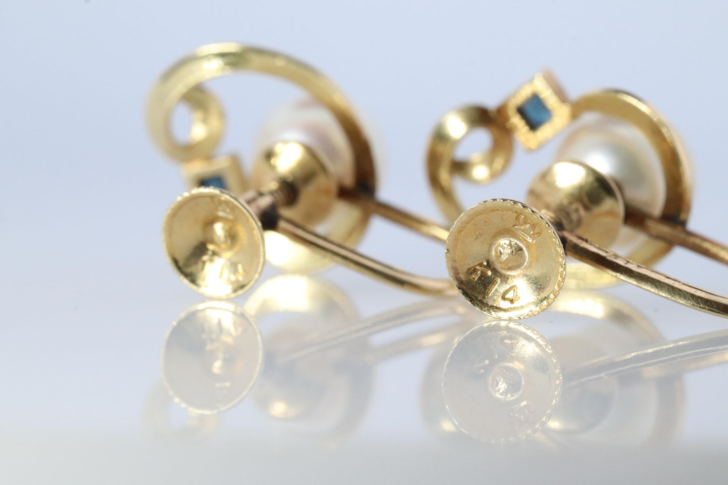 Mikimoto Earrings. 14k Gold Mikimoto Pearl and Sapphire Clip Ons. Unpierced