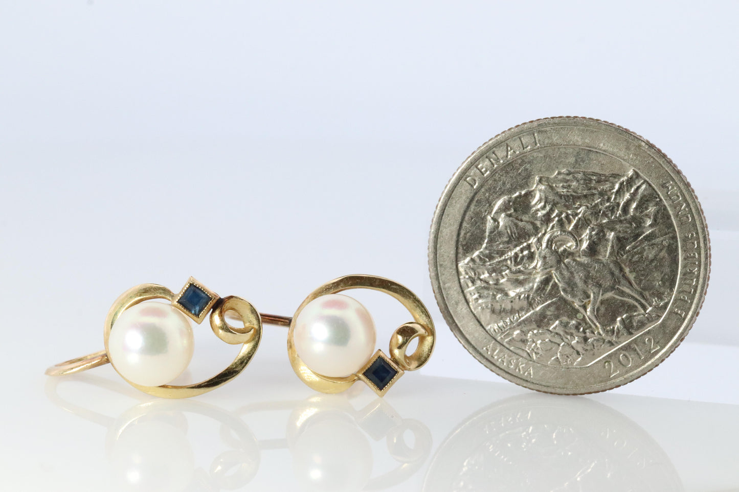Mikimoto Earrings. 14k Gold Mikimoto Pearl and Sapphire Clip Ons. Unpierced