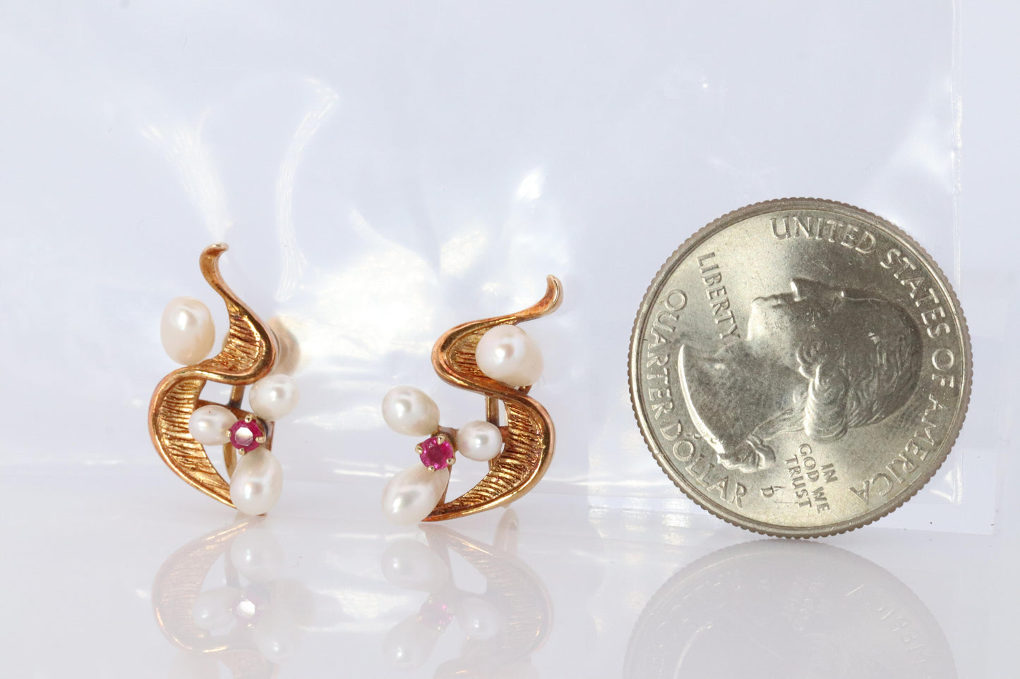 Mikimoto Earrings. 14k Gold Mikimoto Pearl Ruby cluster Clip Ons. Unpierced