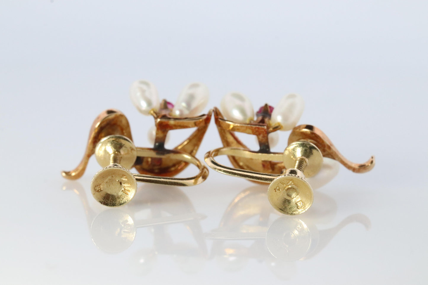 Mikimoto Earrings. 14k Gold Mikimoto Pearl Ruby cluster Clip Ons. Unpierced