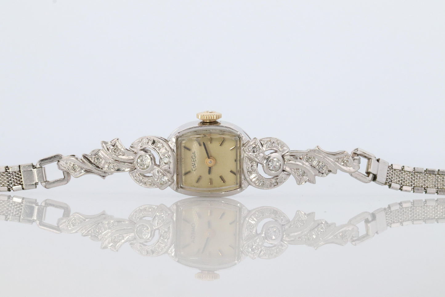 Omega watch. Omega Platinum and Diamond manual Antique Ladies wristwatch.